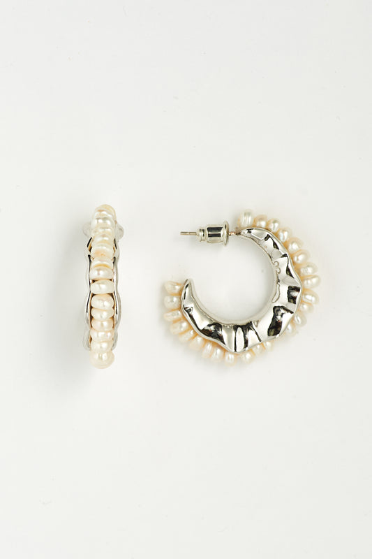 Sasha Organic Silver Pearl Hoop Earrings