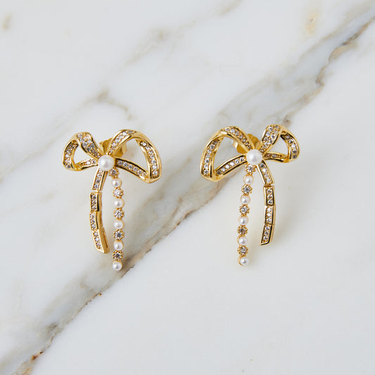 Zahli Crystal and Pearl Bow Earrings